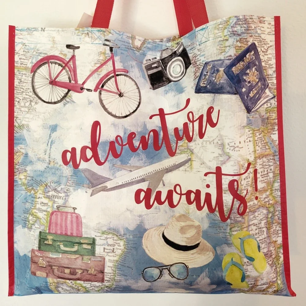 Homegoods Shopping Bag Adventure Awaits Travel Plane Bike Hat Reusable Tote New